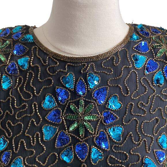 VINTAGE STENAY Top Womens Sz Medium Black Silk Sequin Beaded Holiday Glam - Picture 3 of 5